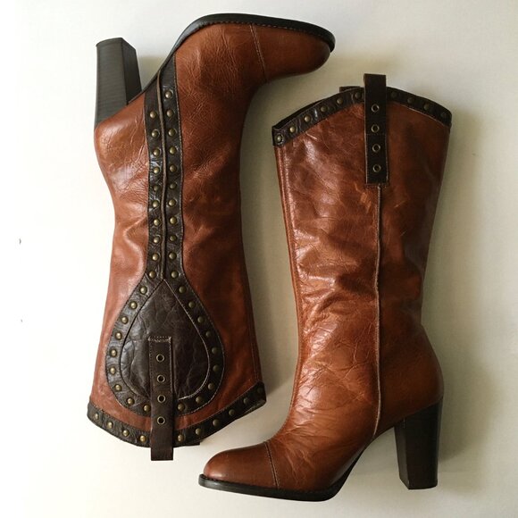 KENNETH COLE "Going Studly" Leather Heeled Western Boots Brown 7.5M - Picture 1 of 10